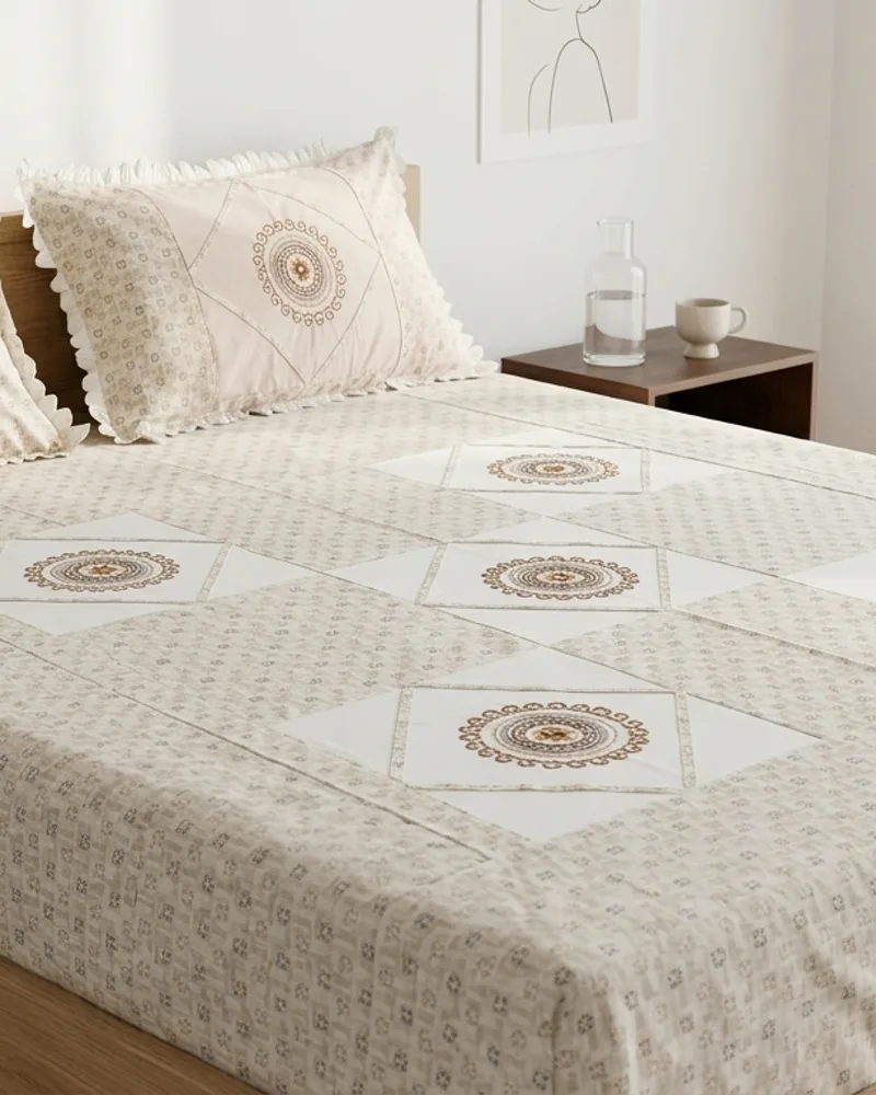 Styled AI-generated visualisation of the Arena bedsheet made up on a wooden bed