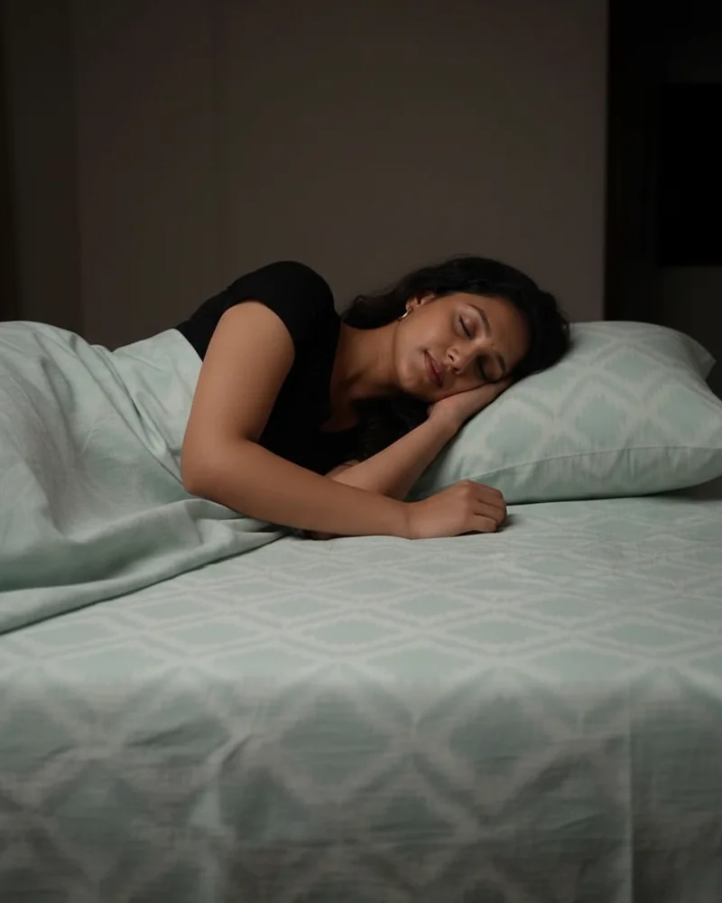 Woman asleep on the Pastel bedsheet in Mist with matching pillow covers, styled AI visualisation