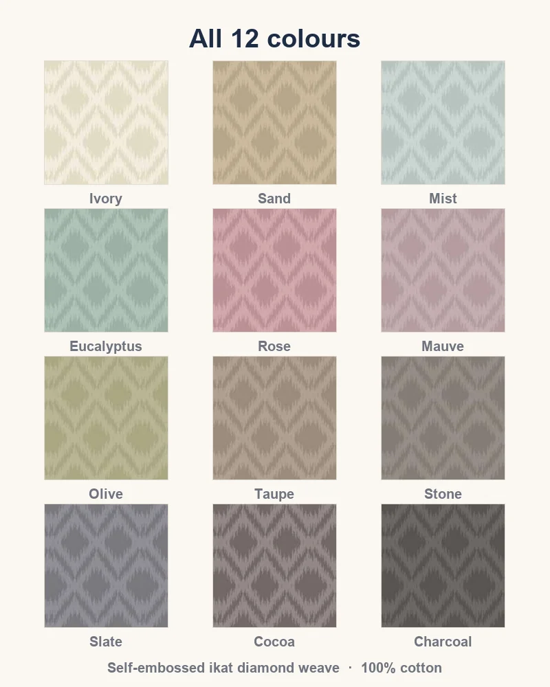 The twelve Pastel colourways — Ivory, Sand, Mist, Eucalyptus, Rose, Mauve, Olive, Taupe, Stone, Slate, Cocoa and Charcoal — each showing the self-embossed ikat diamond weave