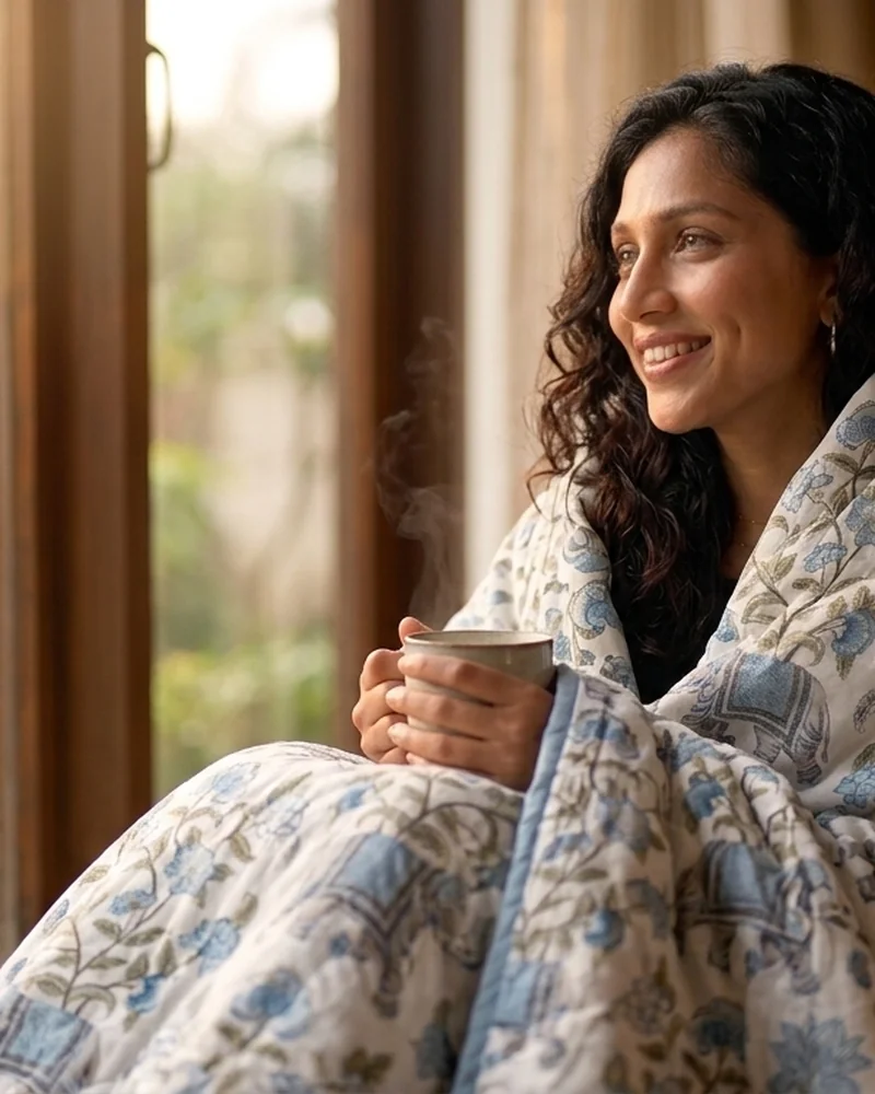 Woman wrapped in the reversible dohar holding a warm mug by a window, styled AI visualisation