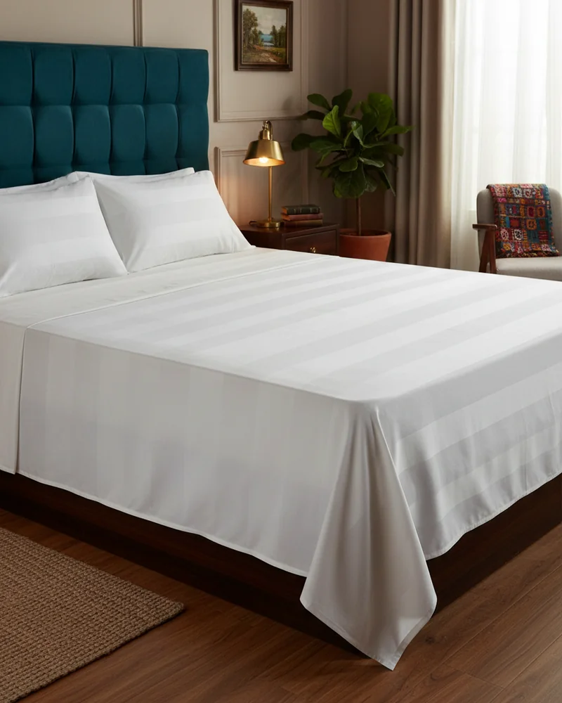 Styled AI-generated visualisation of the Pearl White satin stripe bedsheet on a walnut king bed in a warm bedroom