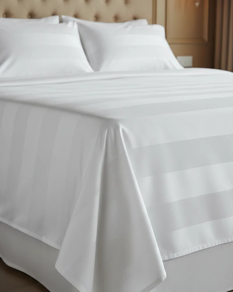 Styled AI-generated close-up visualisation of the woven tone-on-tone satin stripe on the Pearl White sateen bedsheet