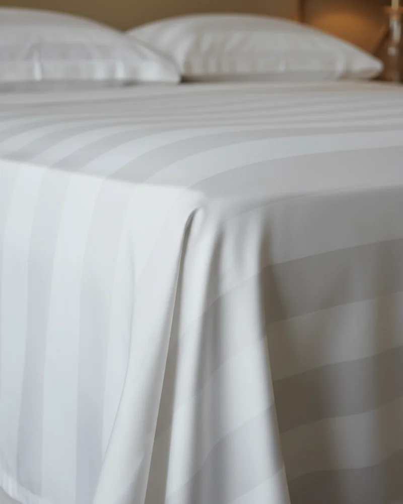 Styled AI-generated visualisation of the Pearl White sateen bedsheet drawn taut over a mattress corner