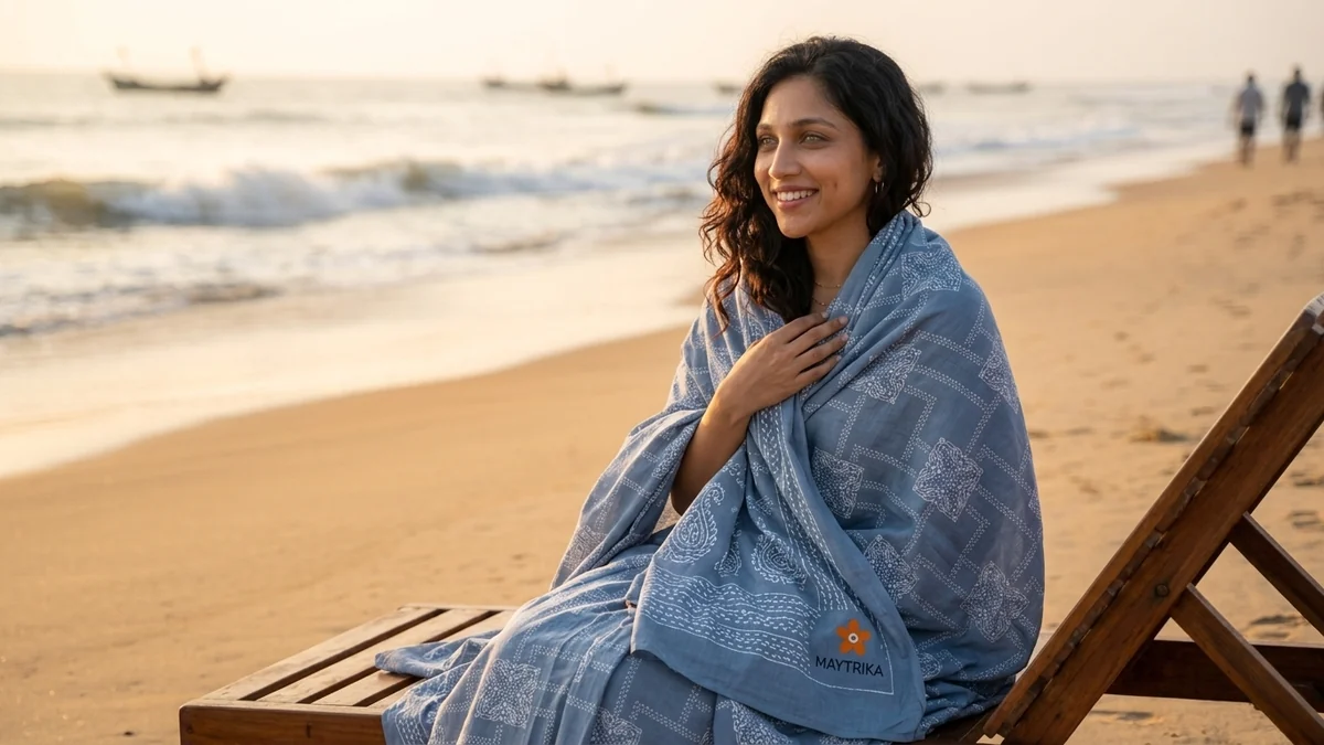 Woman wrapped in the blue side of the dohar on a Chennai beach at sunrise, styled AI visualisation