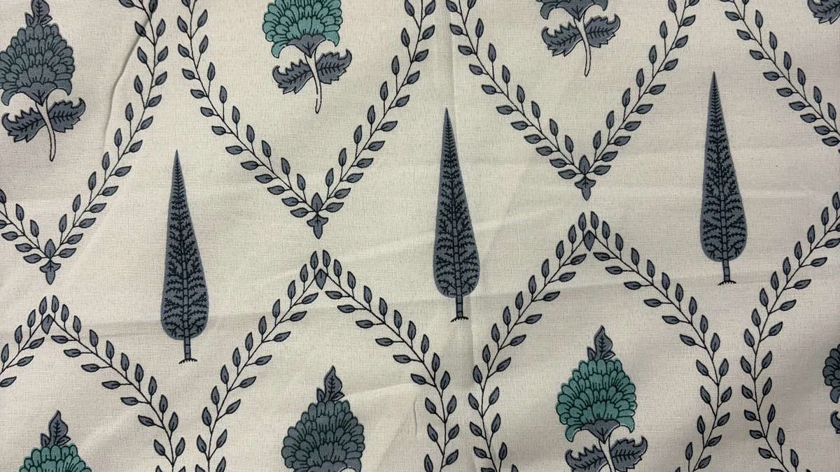 Close-up of the ivory side with a blue-and-teal Mughal floral trellis print