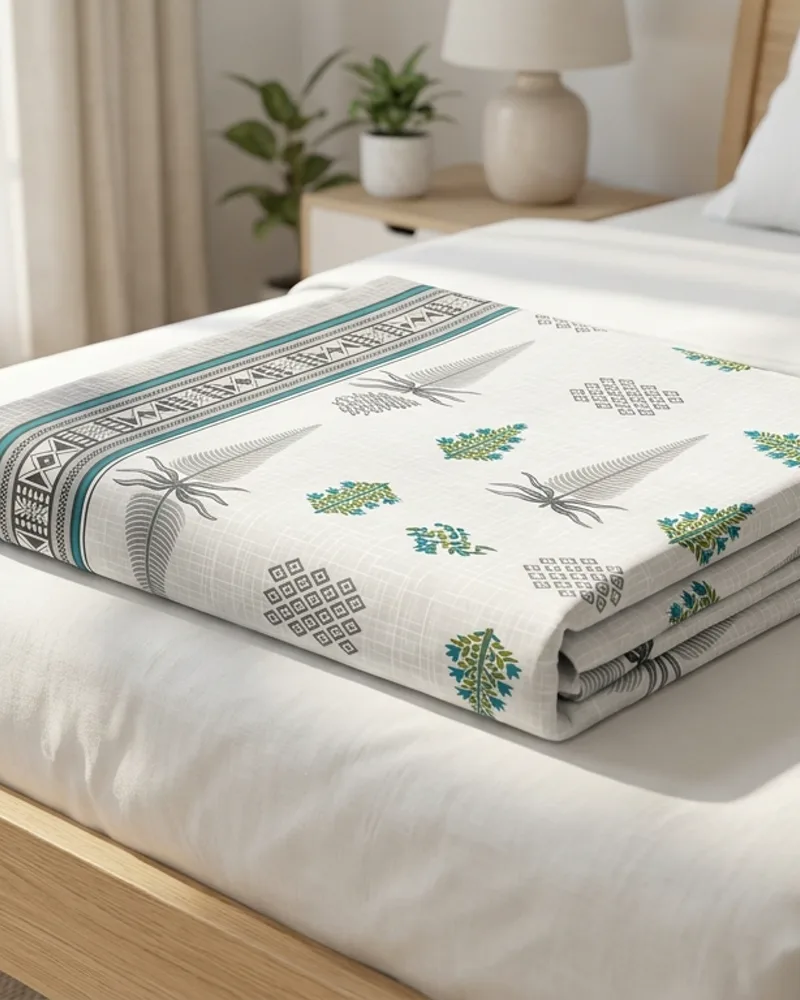 Styled AI-generated visualisation of a Maytrika cotton bedsheet folded on a bed