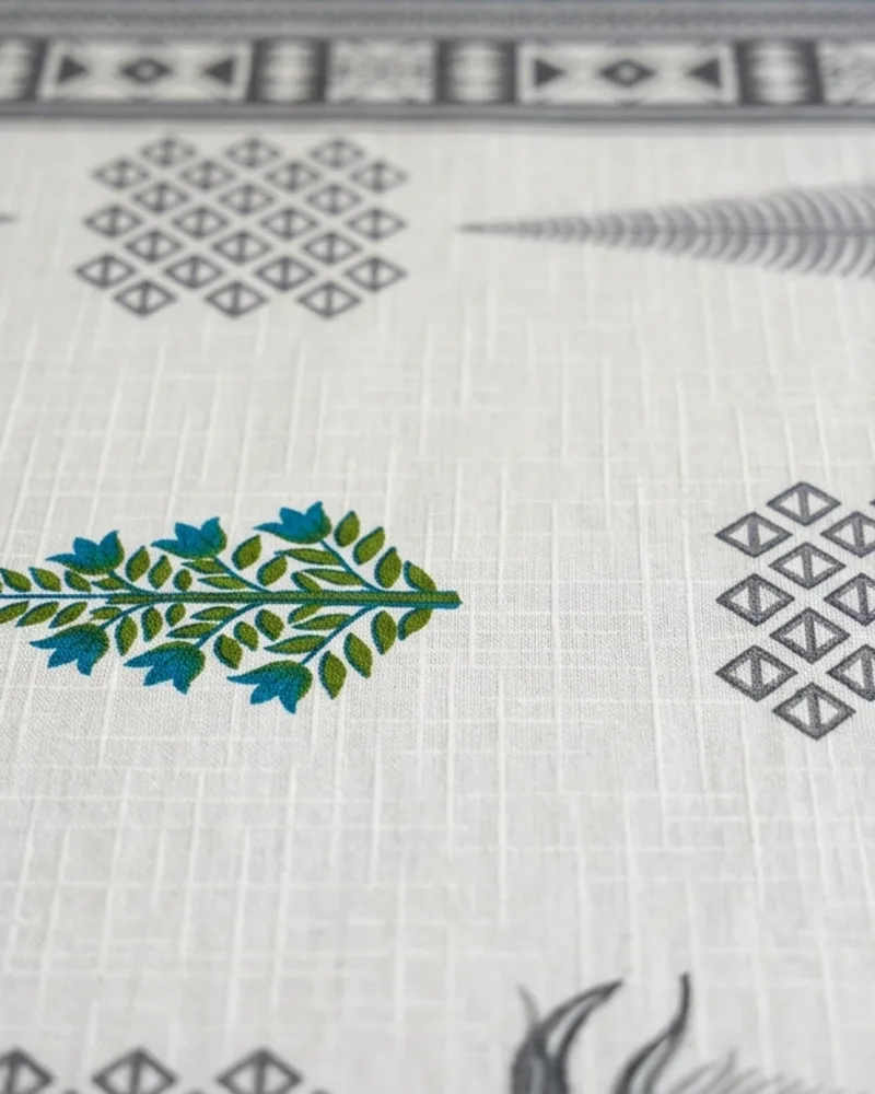 Styled AI-generated visualisation of floral embroidery on a cotton bedsheet
