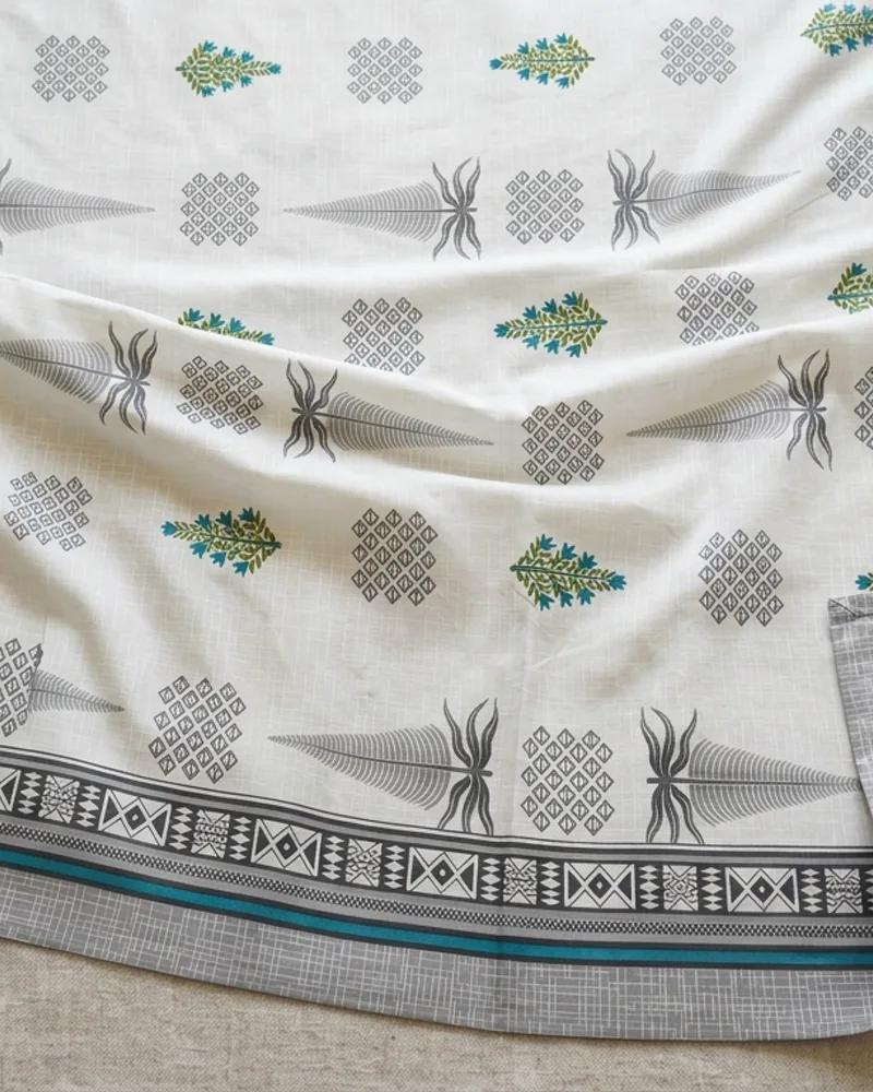 Styled AI-generated visualisation of a feather-pattern cotton bedsheet