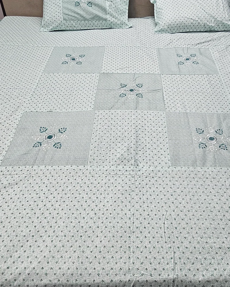 Thar cotton embroidered queen bedsheet, sea-green with patchwork panels