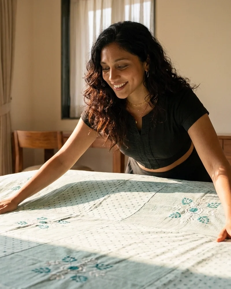 Styled AI-generated visualisation of the Thar bedsheet being smoothed onto a bed
