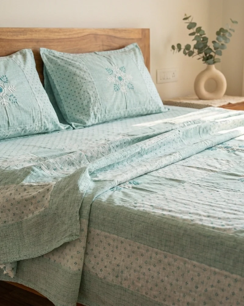 Styled AI-generated visualisation of the Thar bedsheet made up on a wooden bed